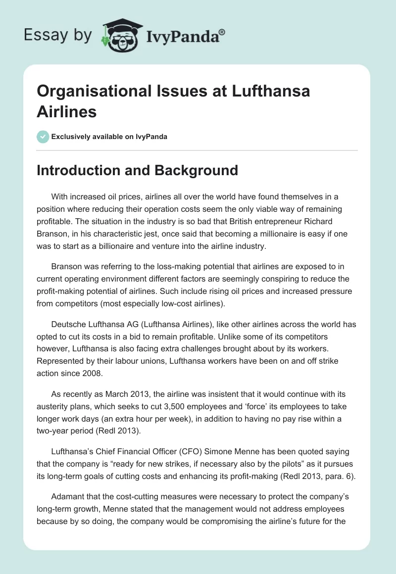 Organisational Issues at Lufthansa Airlines. Page 1