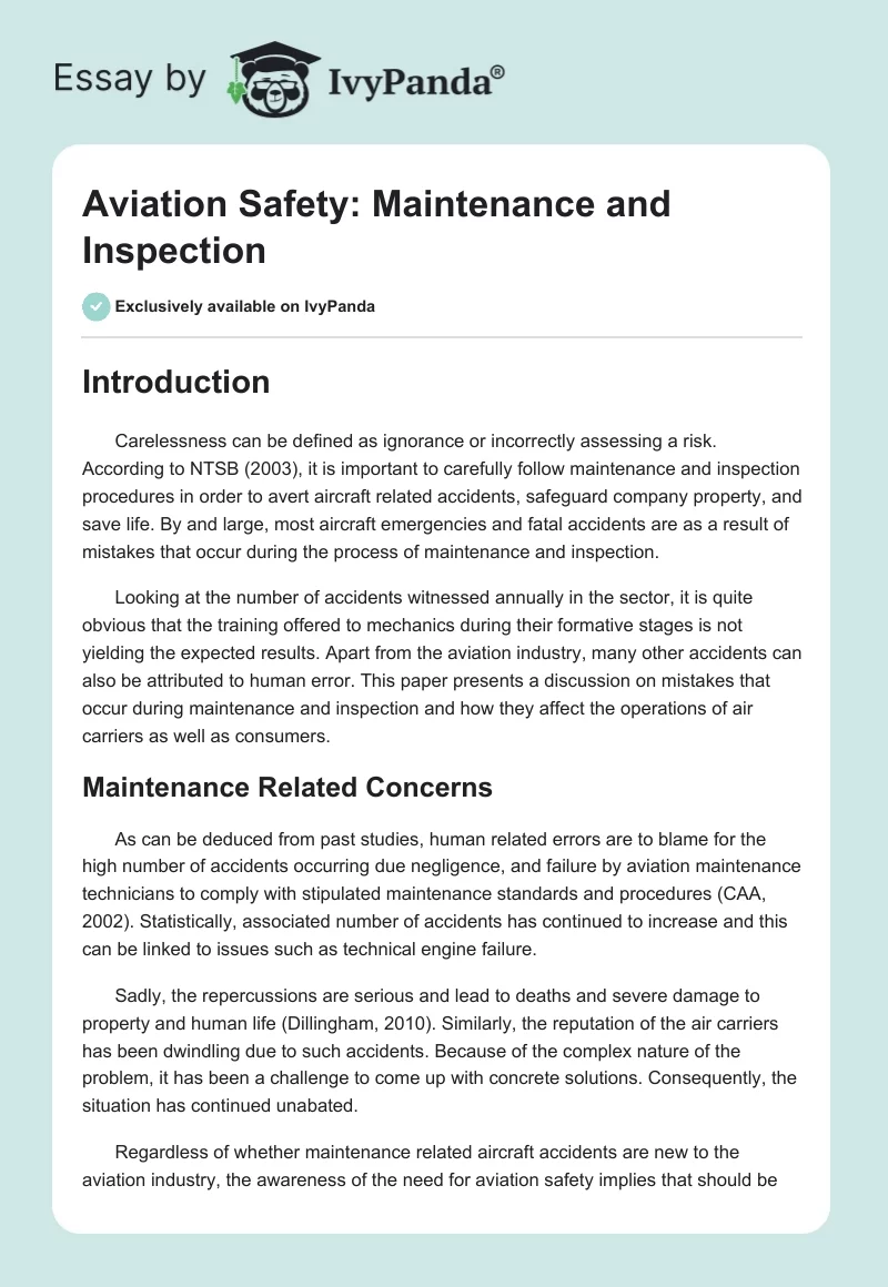Aviation Safety: Maintenance and Inspection. Page 1