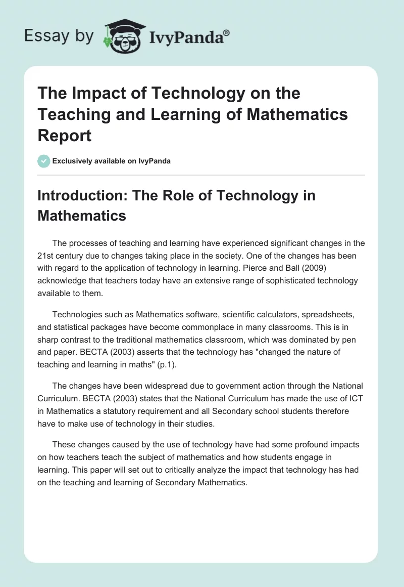 The Impact of Technology on the Teaching and Learning of Mathematics Report. Page 1