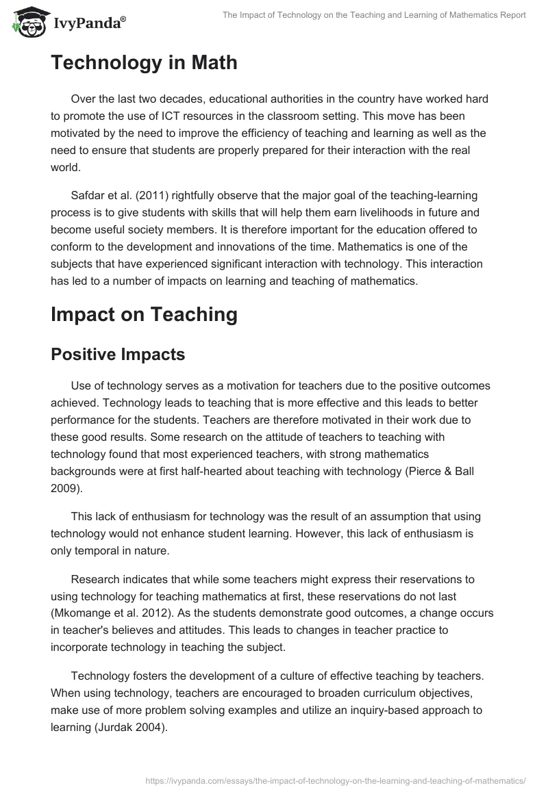 The Impact of Technology on the Teaching and Learning of Mathematics Report. Page 2