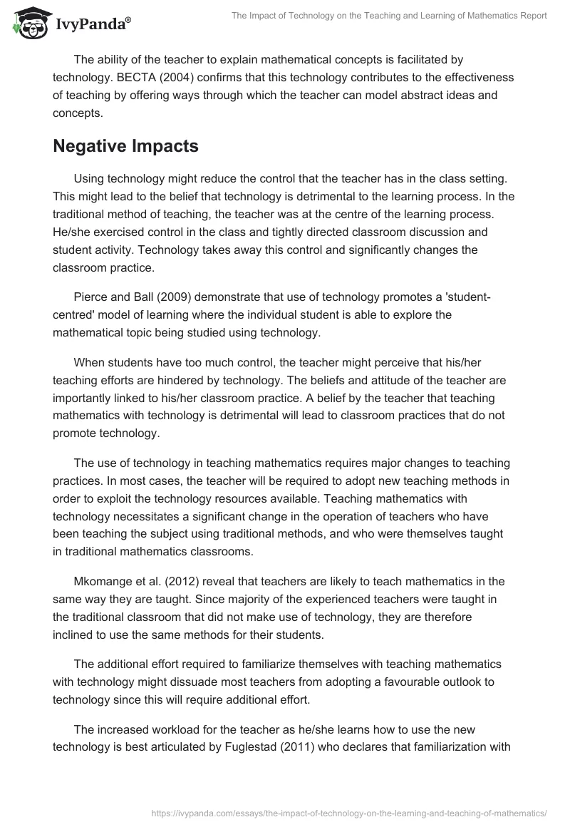 The Impact of Technology on the Teaching and Learning of Mathematics Report. Page 4