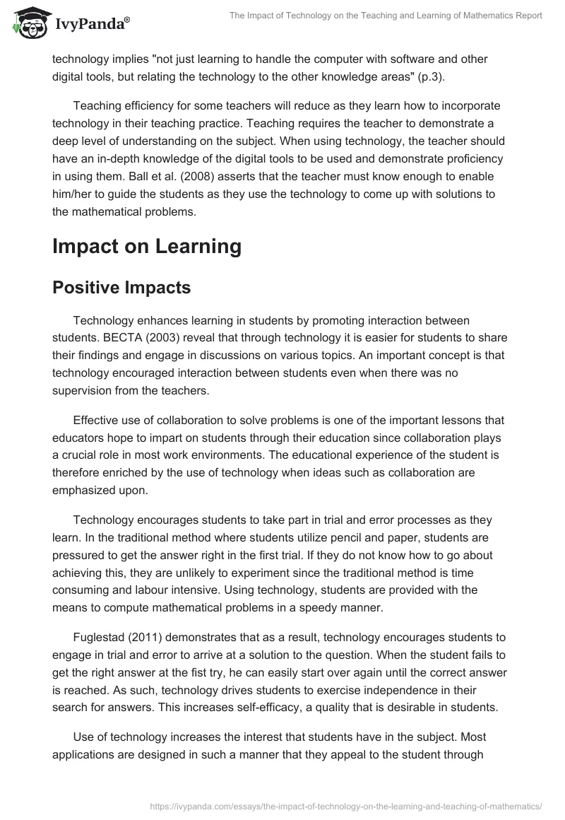 The Impact of Technology on the Teaching and Learning of Mathematics Report. Page 5
