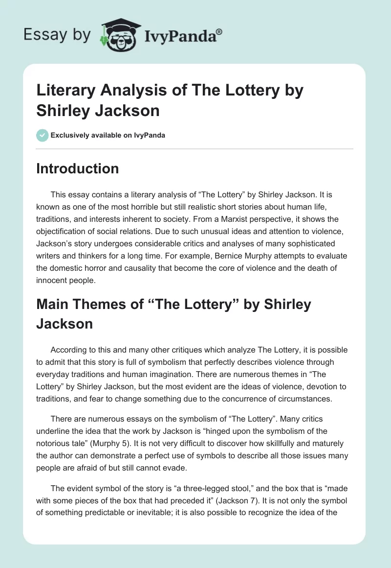 Literary Analysis of "The Lottery" by Shirley Jackson. Page 1