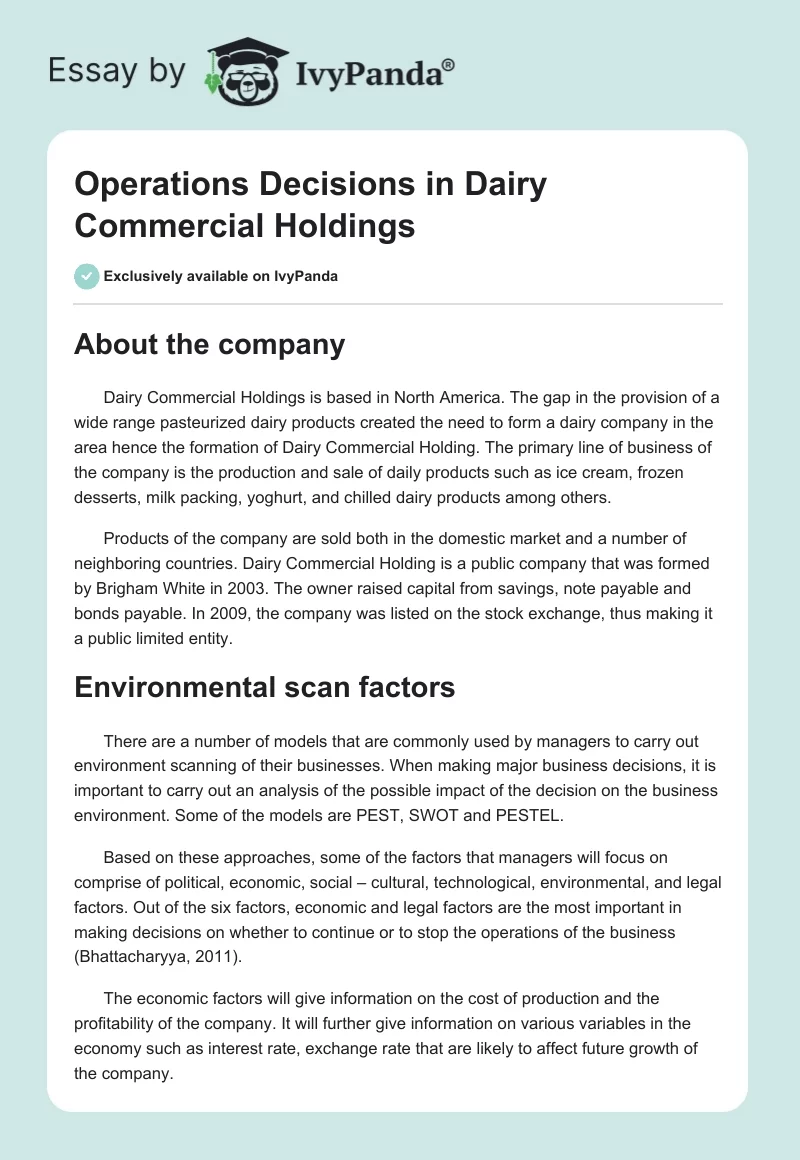 Operations Decisions in Dairy Commercial Holdings. Page 1