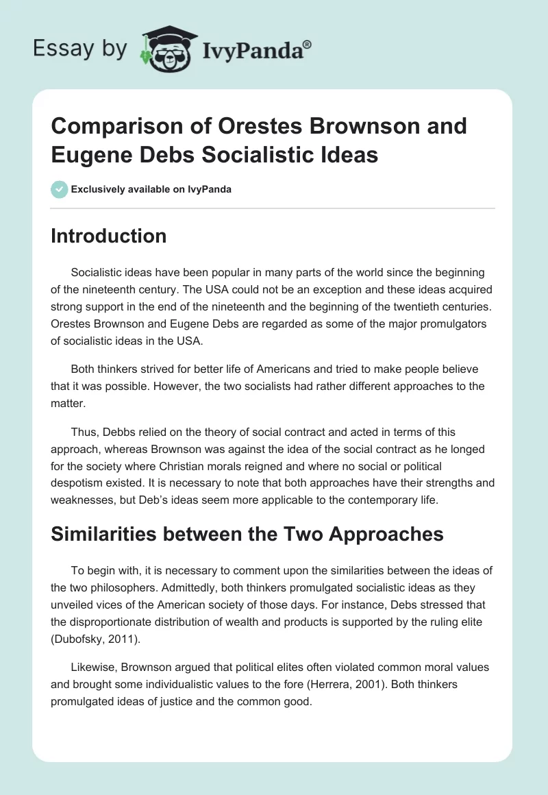 Comparison of Orestes Brownson and Eugene Debs Socialistic Ideas. Page 1
