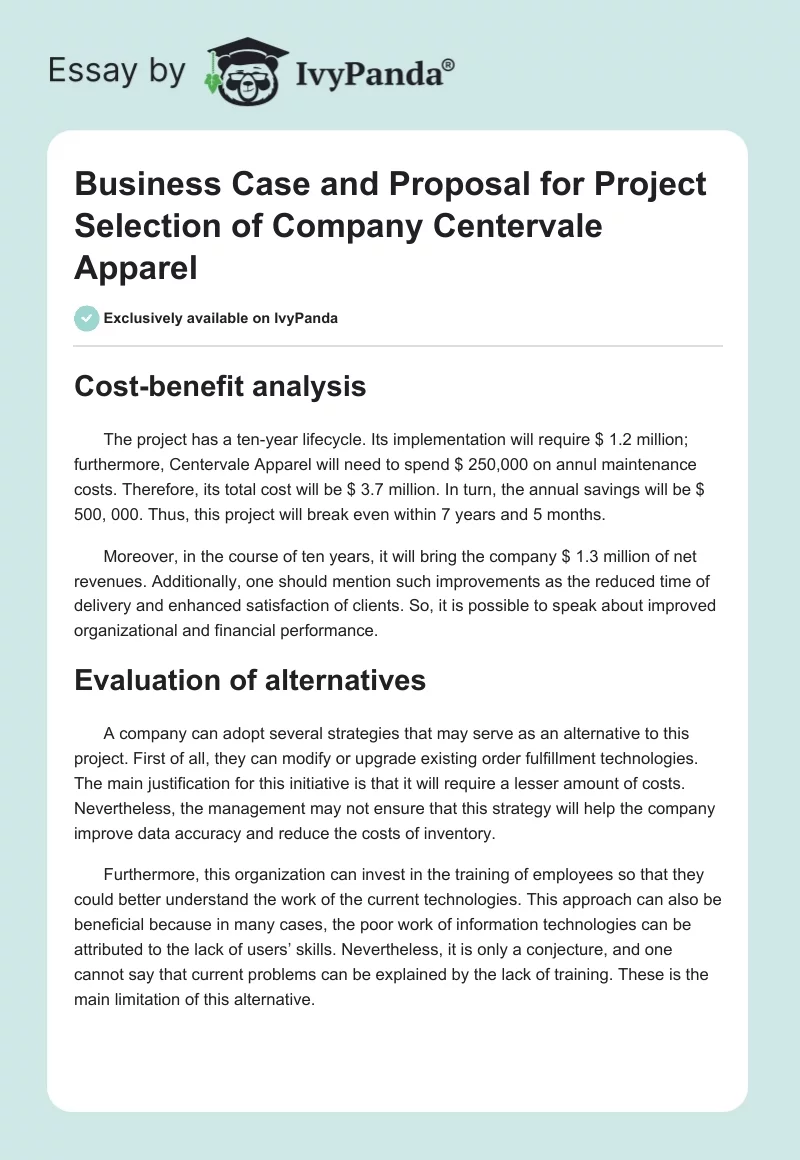 Business Case and Proposal for Project Selection of Company Centervale Apparel. Page 1