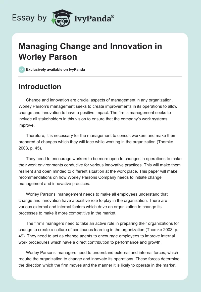 Managing Change and Innovation in Worley Parson. Page 1