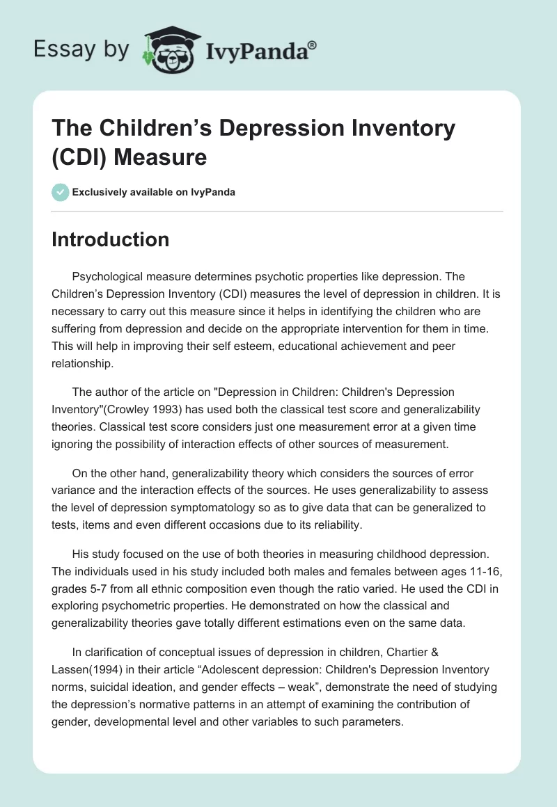 The Children’s Depression Inventory (CDI) Measure. Page 1