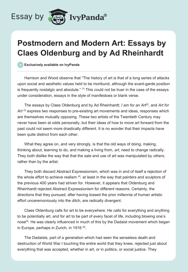 Postmodern and Modern Art: Essays by Claes Oldenburg and by Ad Rheinhardt. Page 1