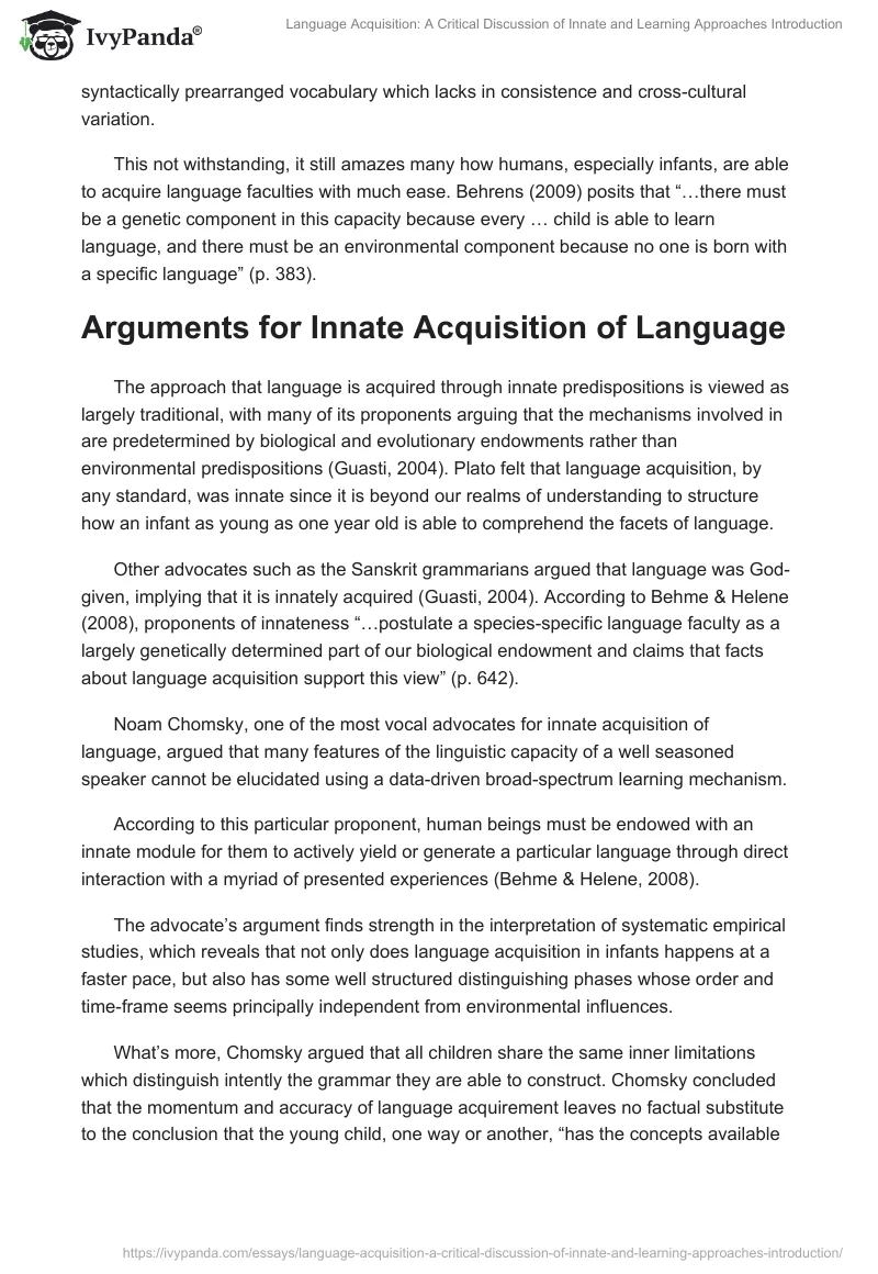 Language Acquisition: A Critical Discussion of Innate and Learning Approaches Introduction. Page 2