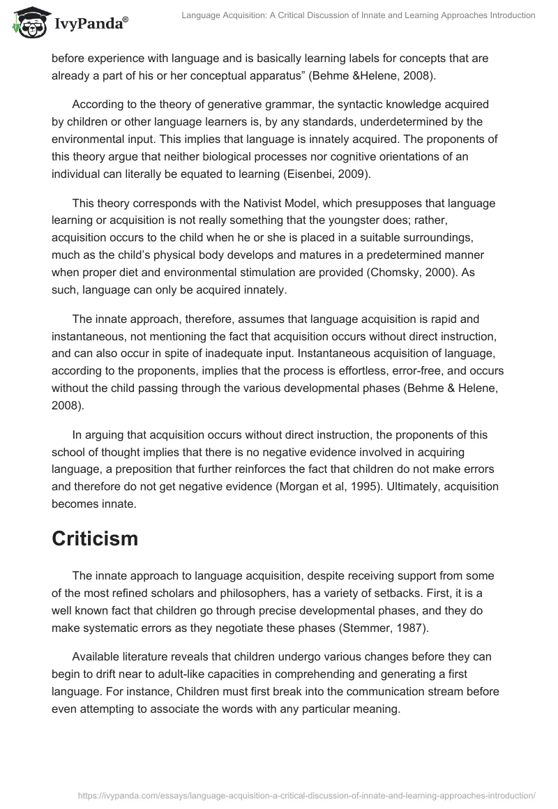 Language Acquisition: A Critical Discussion of Innate and Learning Approaches Introduction. Page 3