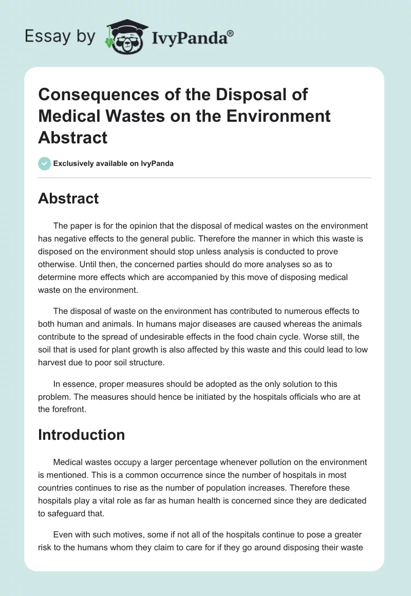 Consequences of the Disposal of Medical Wastes on the Environment Abstract. Page 1