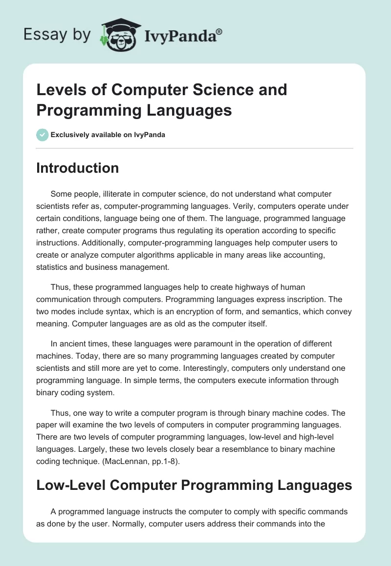 Levels of Computer Science and Programming Languages. Page 1