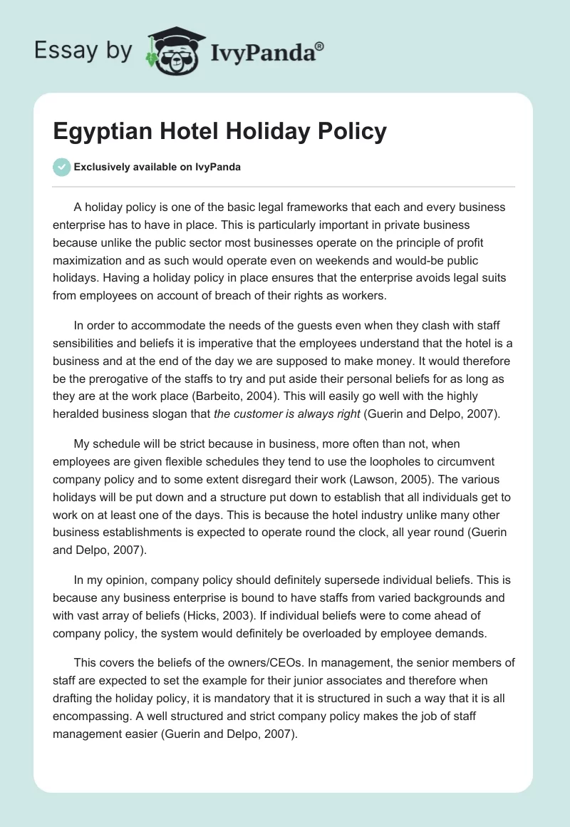 Egyptian Hotel Holiday Policy. Page 1