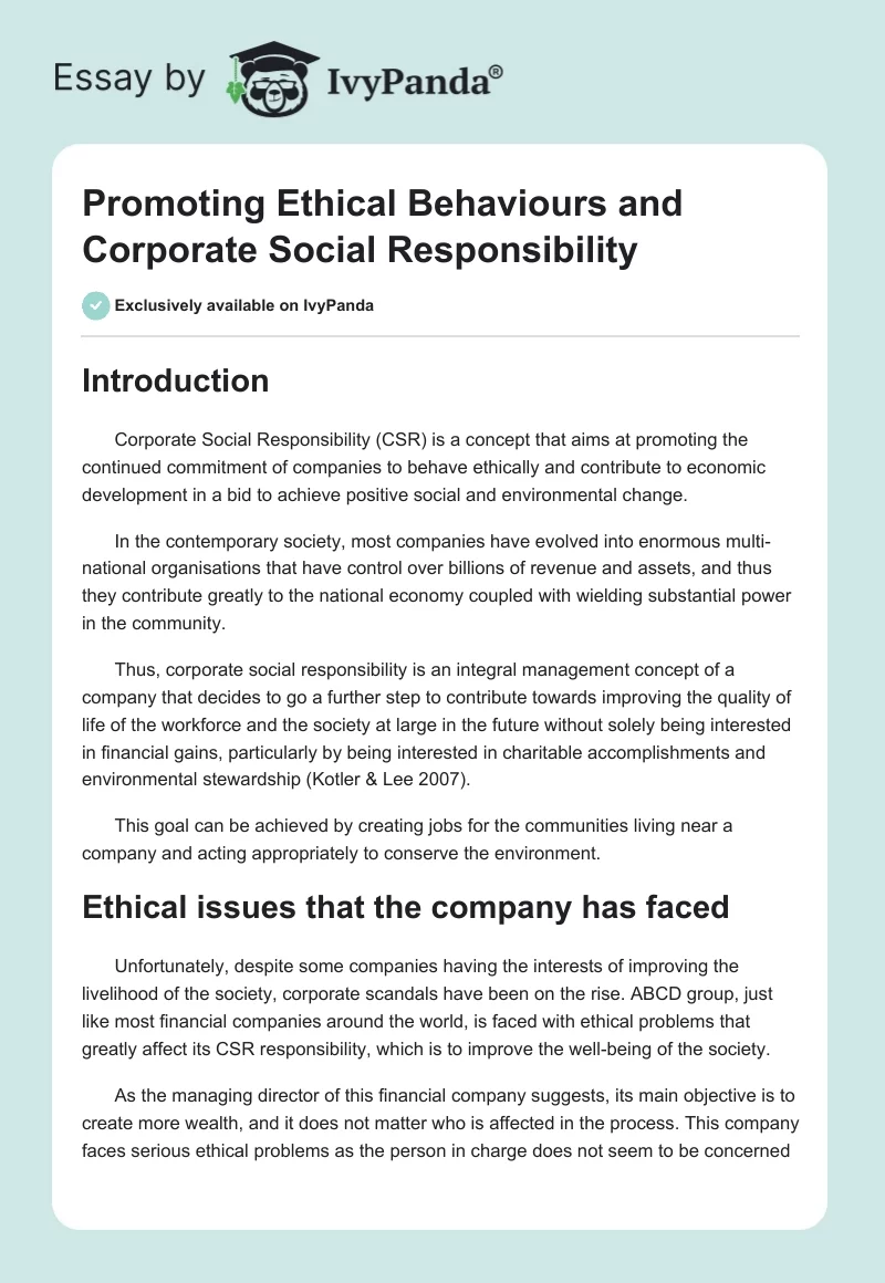 Promoting Ethical Behaviours and Corporate Social Responsibility. Page 1
