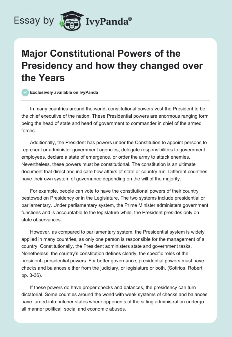 Major Constitutional Powers of the Presidency and how they changed over the Years. Page 1