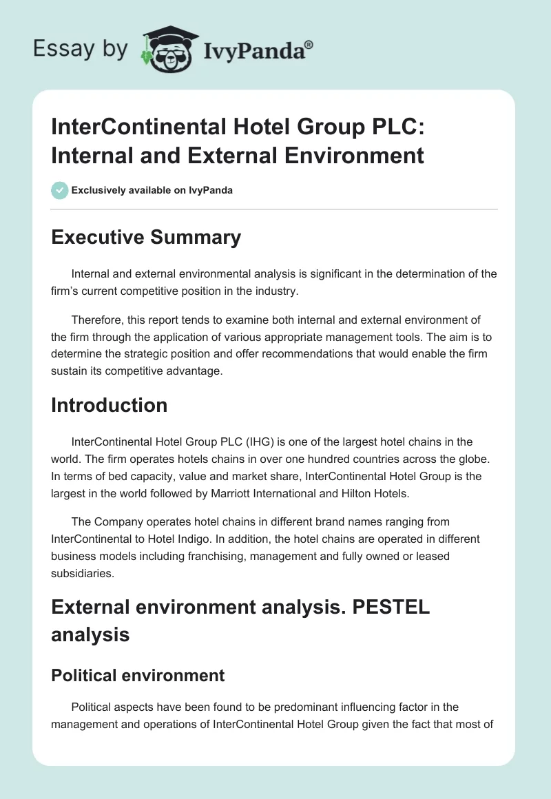 InterContinental Hotel Group PLC: Internal and External Environment. Page 1