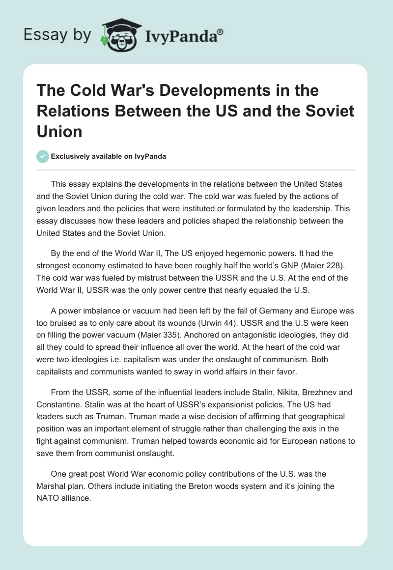 The Cold War's Developments in the Relations Between the US and the Soviet Union. Page 1