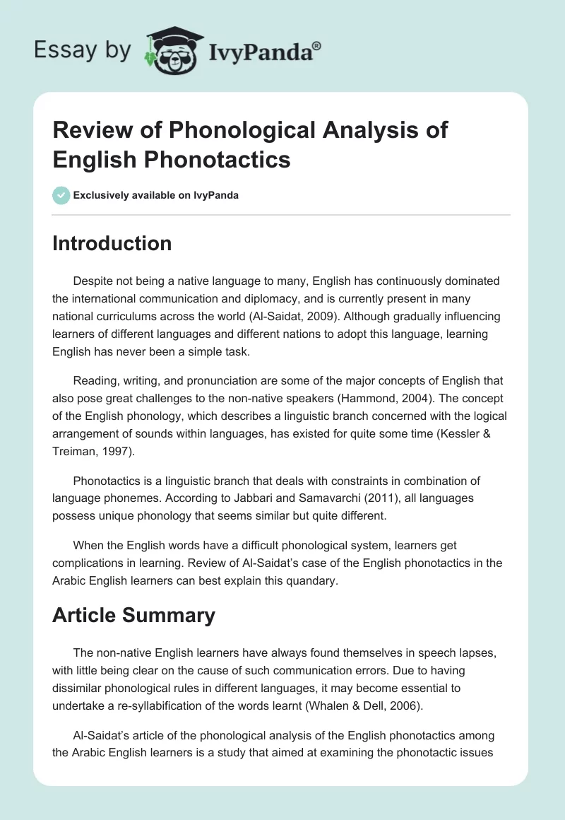 Review of Phonological Analysis of English Phonotactics. Page 1