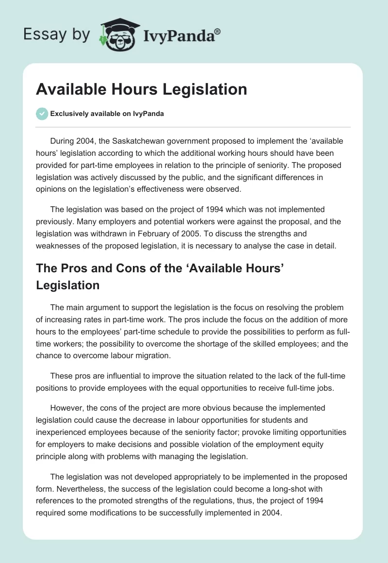 Available Hours Legislation. Page 1
