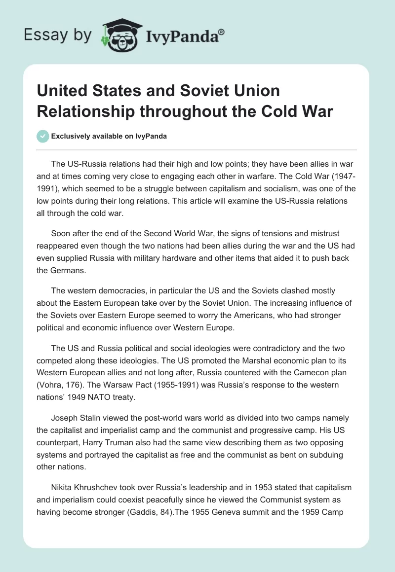 United States and Soviet Union Relationship Throughout the Cold War. Page 1