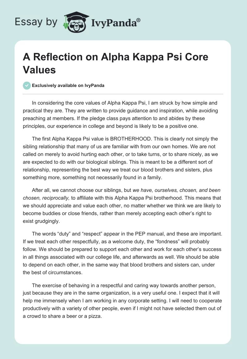A Reflection on Alpha Kappa Psi Core Values. Page 1