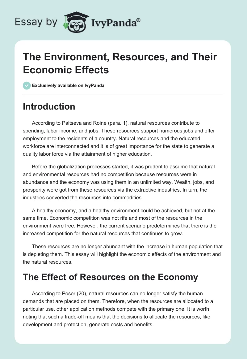 The Environment, Resources, and Their Economic Effects. Page 1