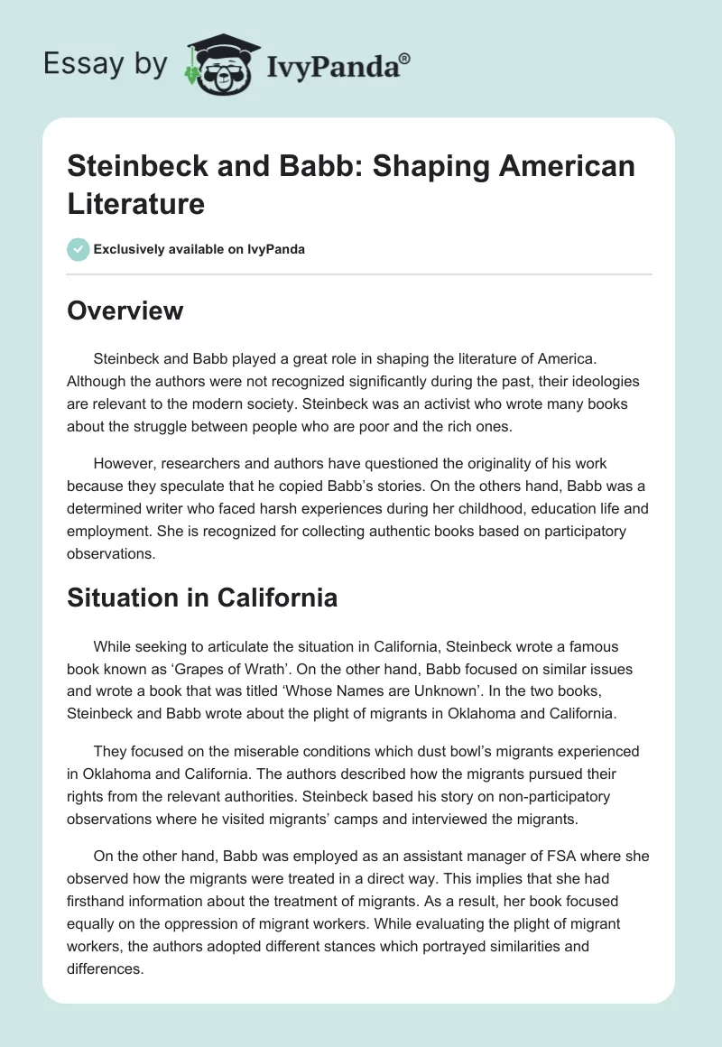 Steinbeck and Babb: Shaping American Literature. Page 1