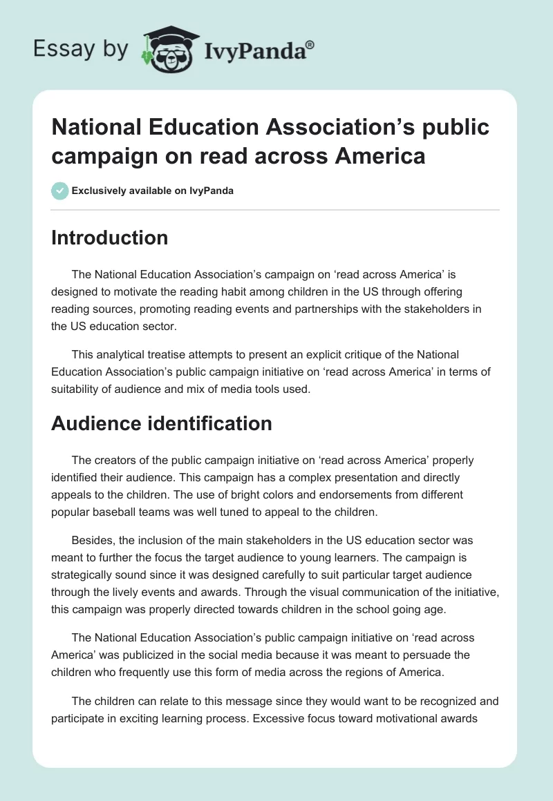 National Education Association’s public campaign on read across America. Page 1