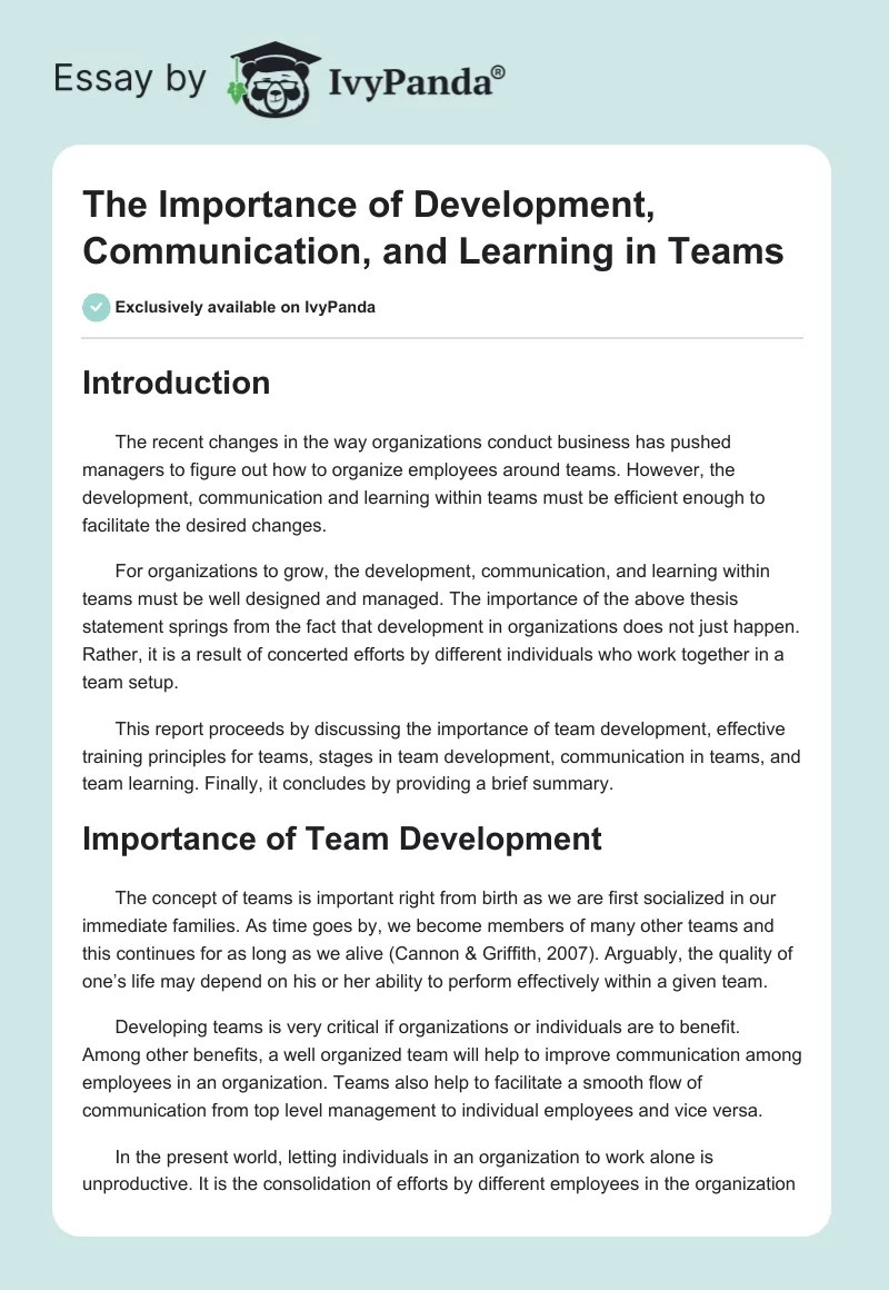 The Importance of Development, Communication, and Learning in Teams. Page 1