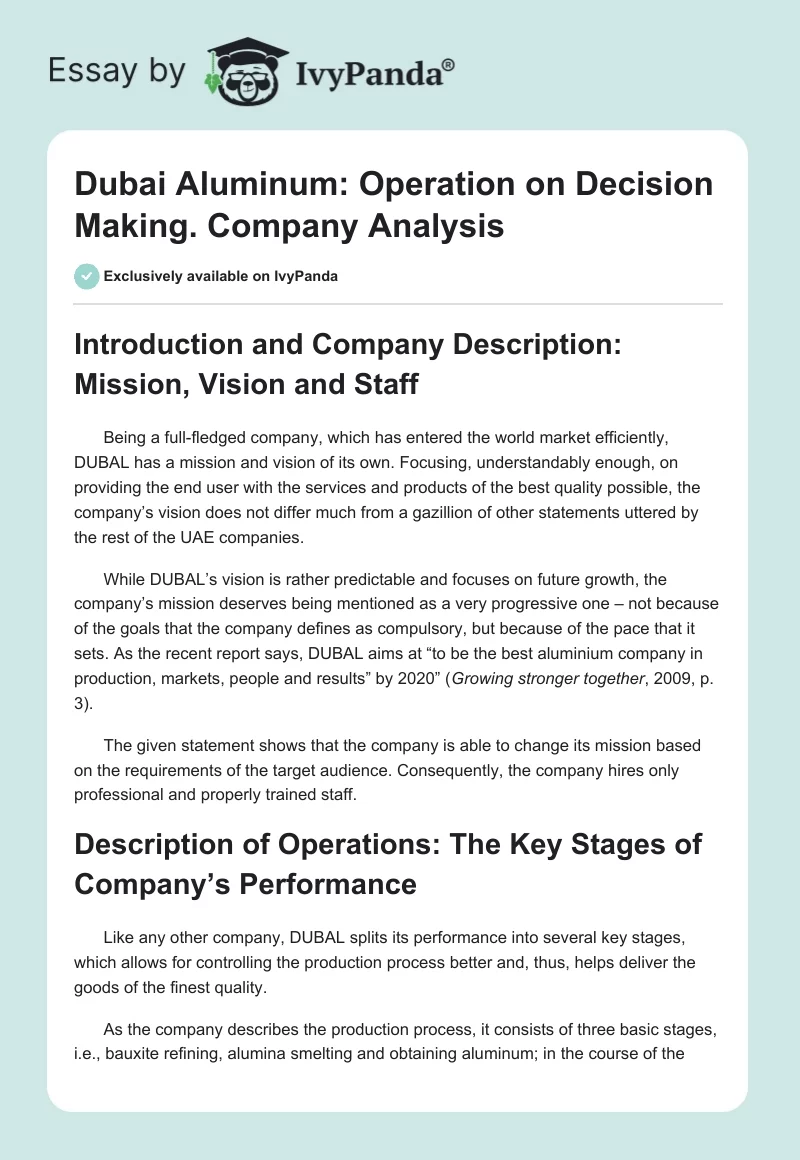 Dubai Aluminum: Operation on Decision Making. Company Analysis. Page 1