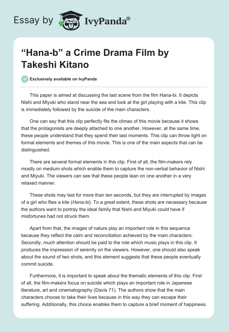 “Hana-B” a Crime Drama Film by Takeshi Kitano. Page 1