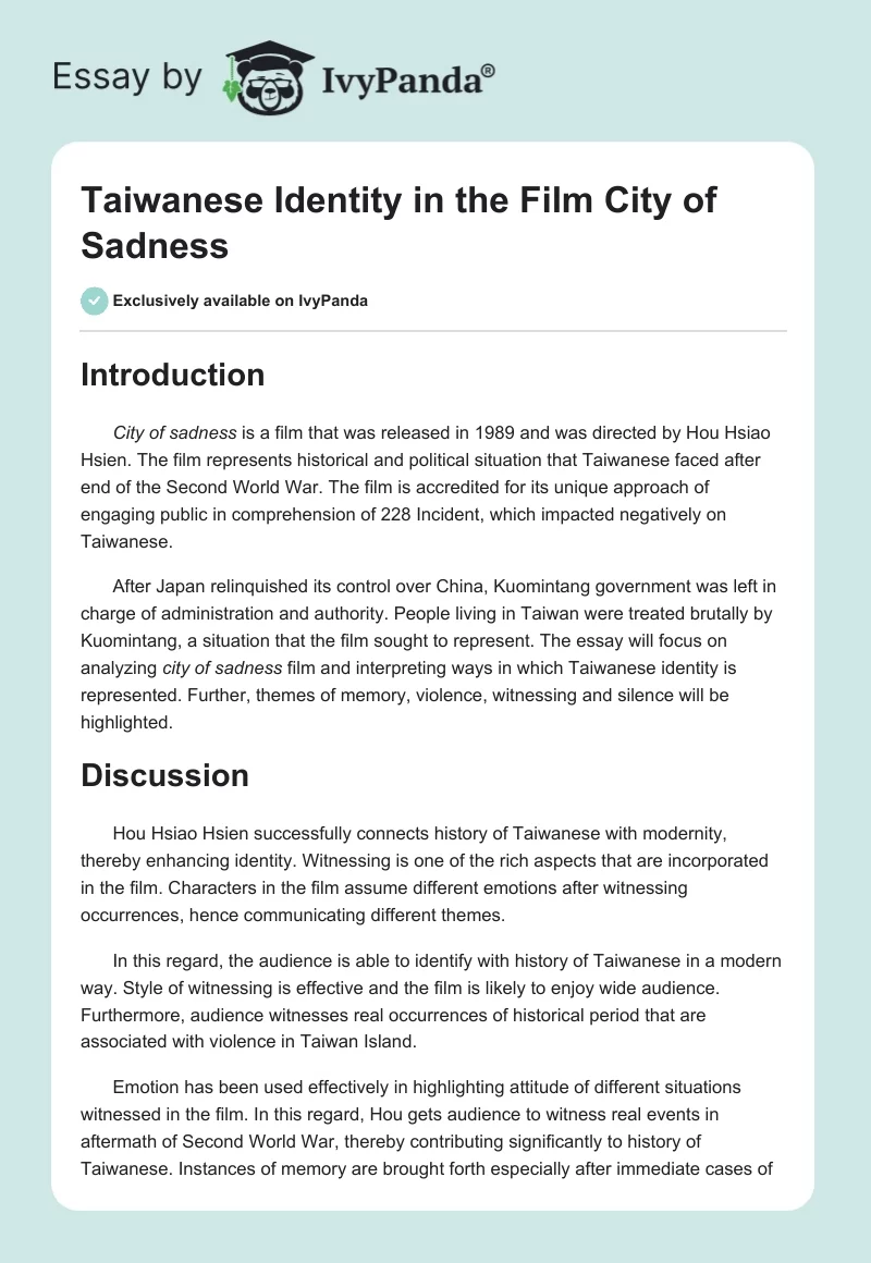 Taiwanese Identity in the Film "City of Sadness". Page 1
