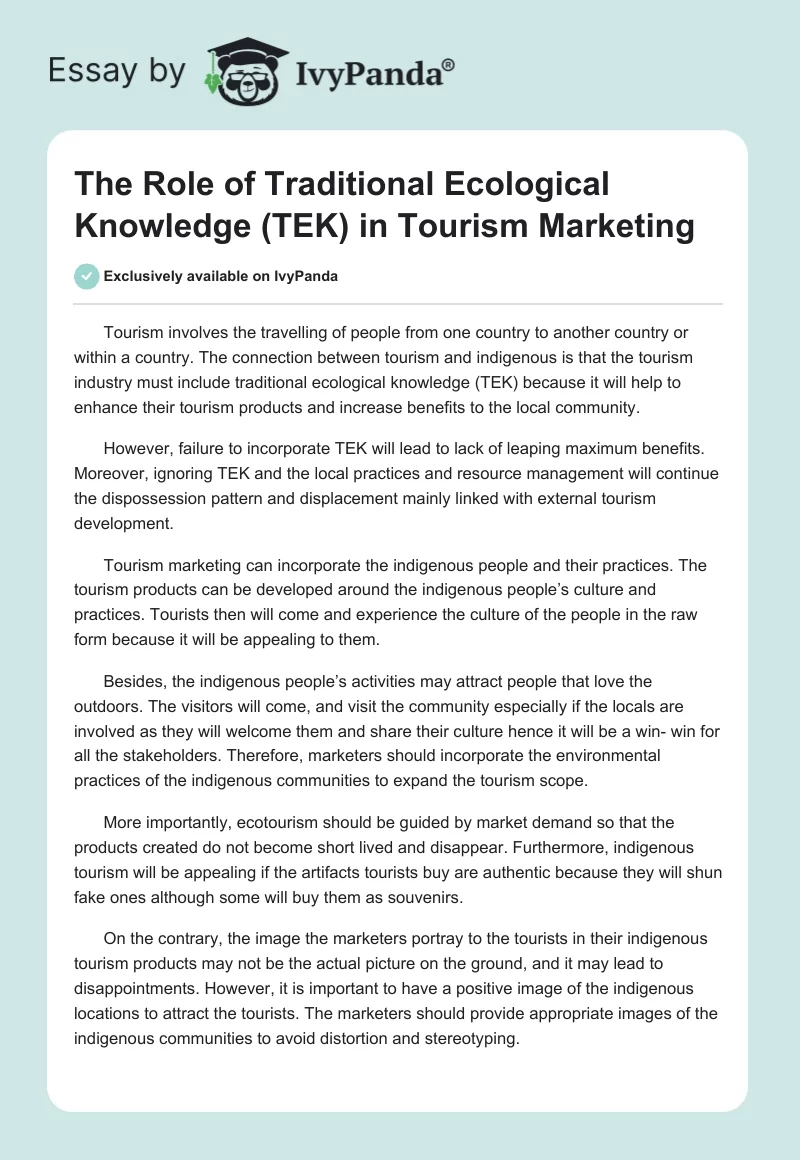 The Role of Traditional Ecological Knowledge (TEK) in Tourism Marketing. Page 1