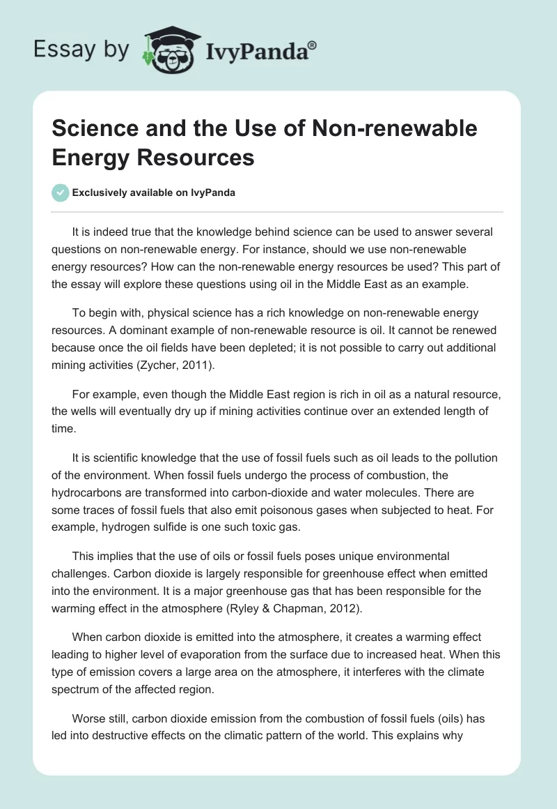 Science and the Use of Non-Renewable Energy Resources. Page 1