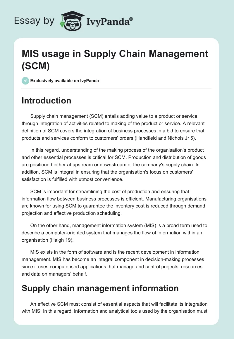 MIS usage in Supply Chain Management (SCM). Page 1
