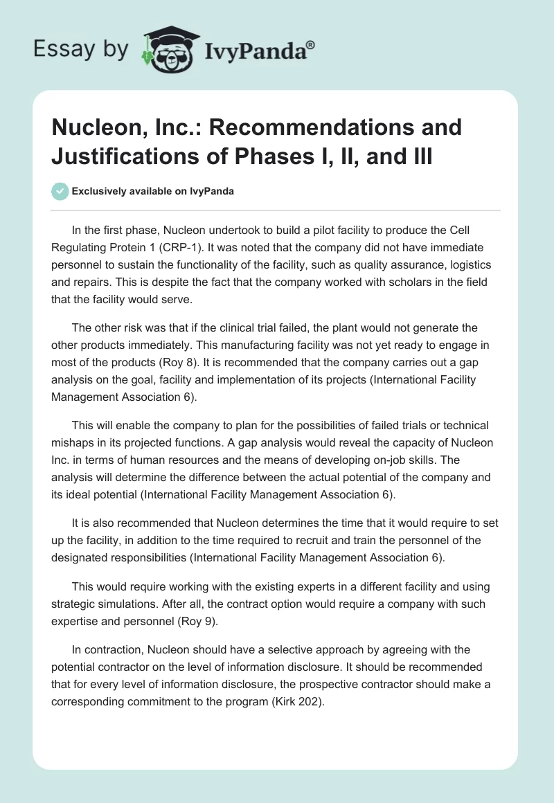 Nucleon, Inc.: Recommendations and Justifications of Phases I, II, and III. Page 1