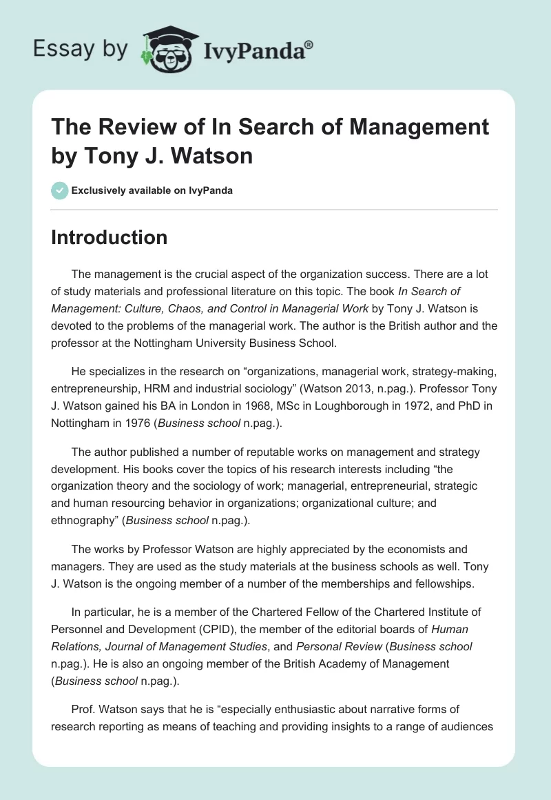 The Review of In Search of Management by Tony J. Watson. Page 1