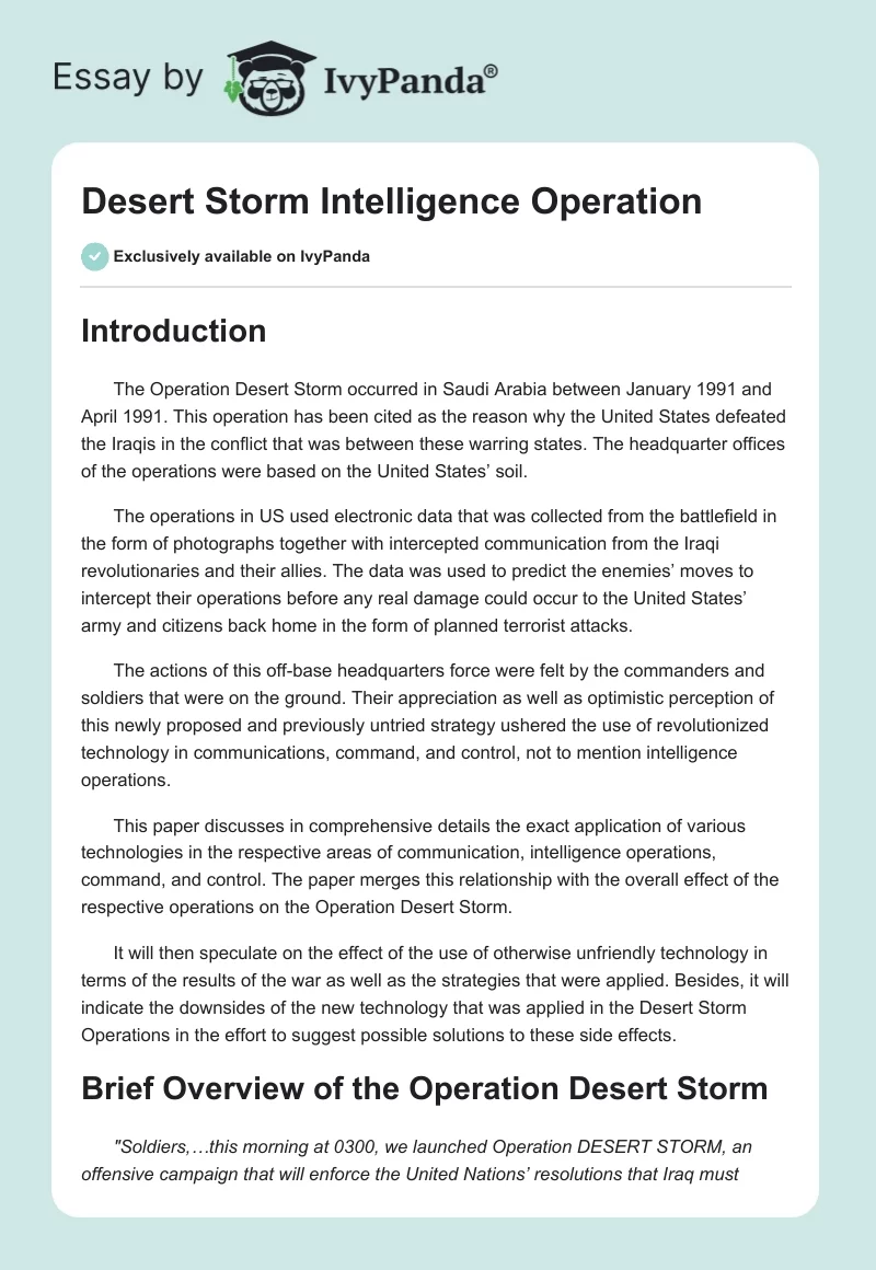 Desert Storm Intelligence Operation. Page 1