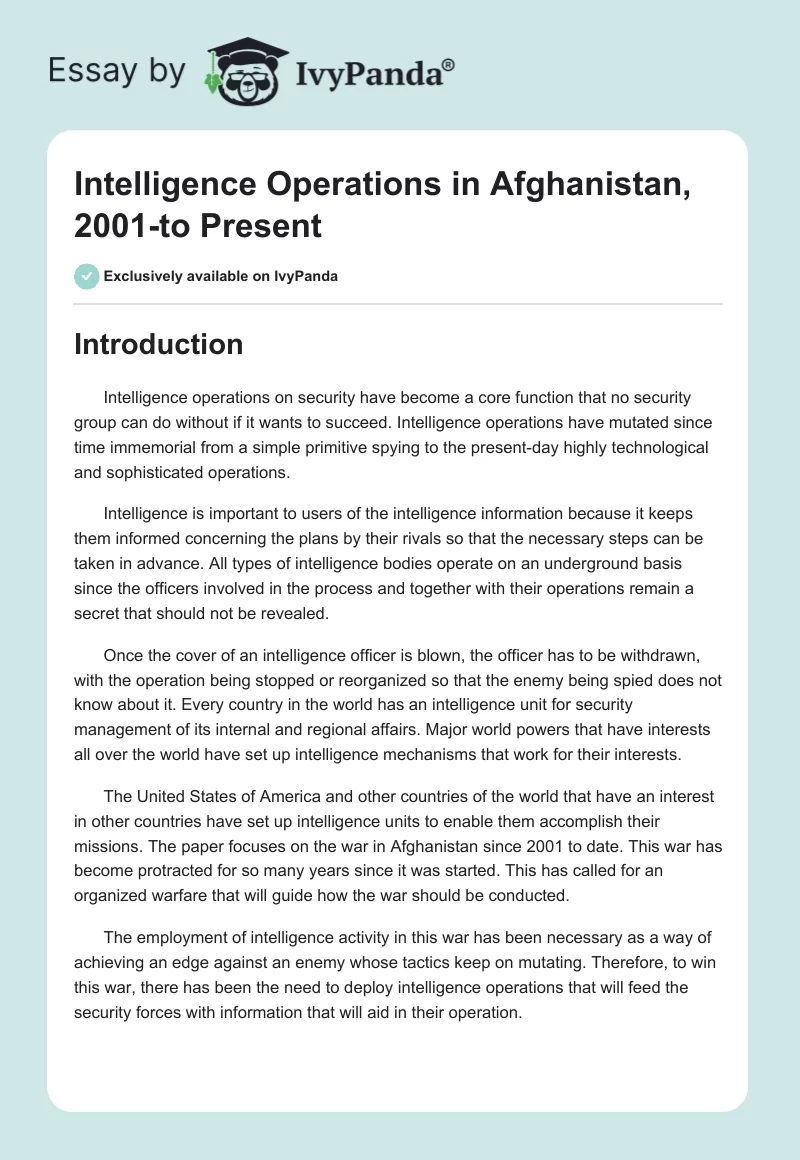 Intelligence Operations in Afghanistan, 2001-to Present. Page 1