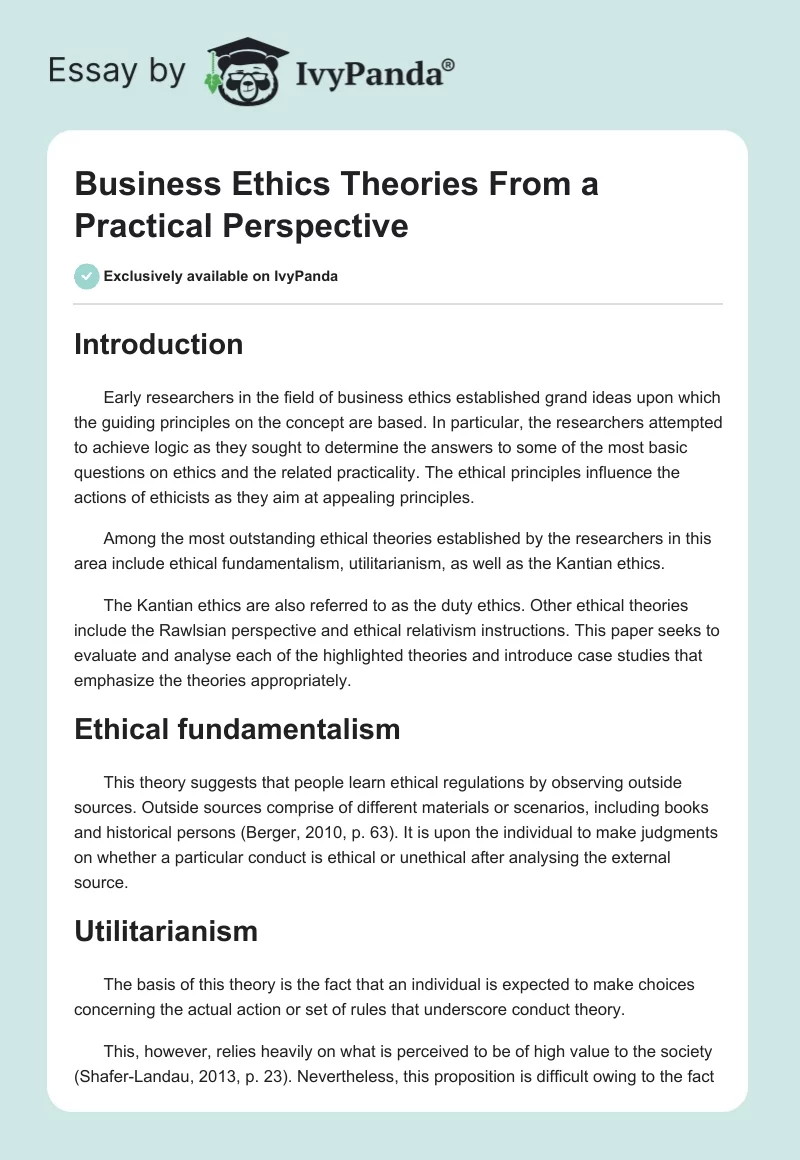 Business Ethics Theories From a Practical Perspective. Page 1