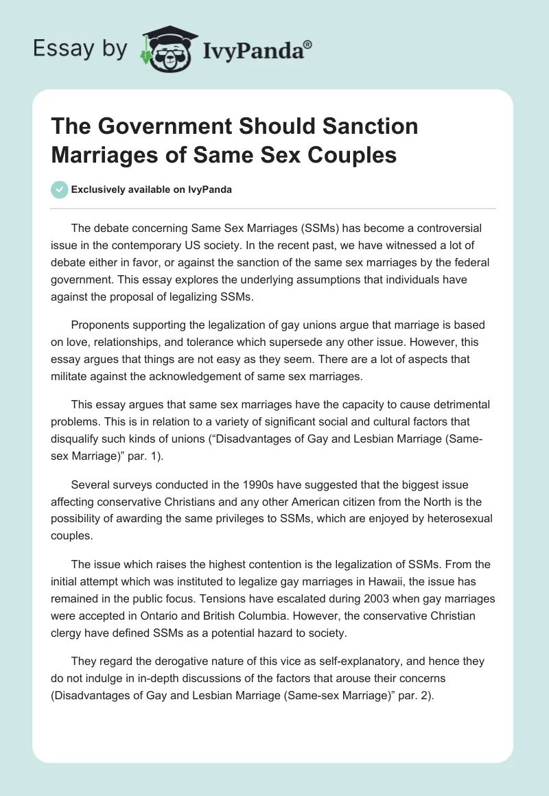 The Government Should Sanction Marriages of Same Sex Couples. Page 1