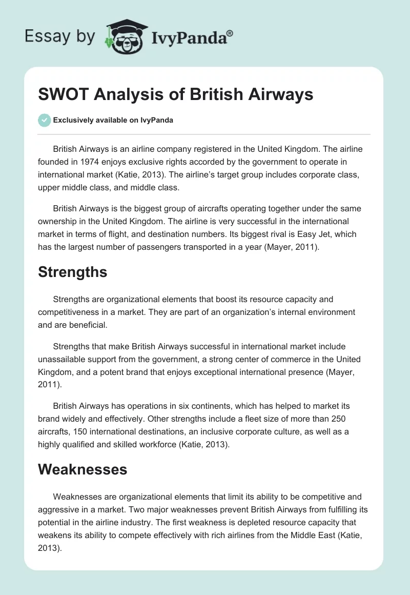 SWOT Analysis of British Airways. Page 1