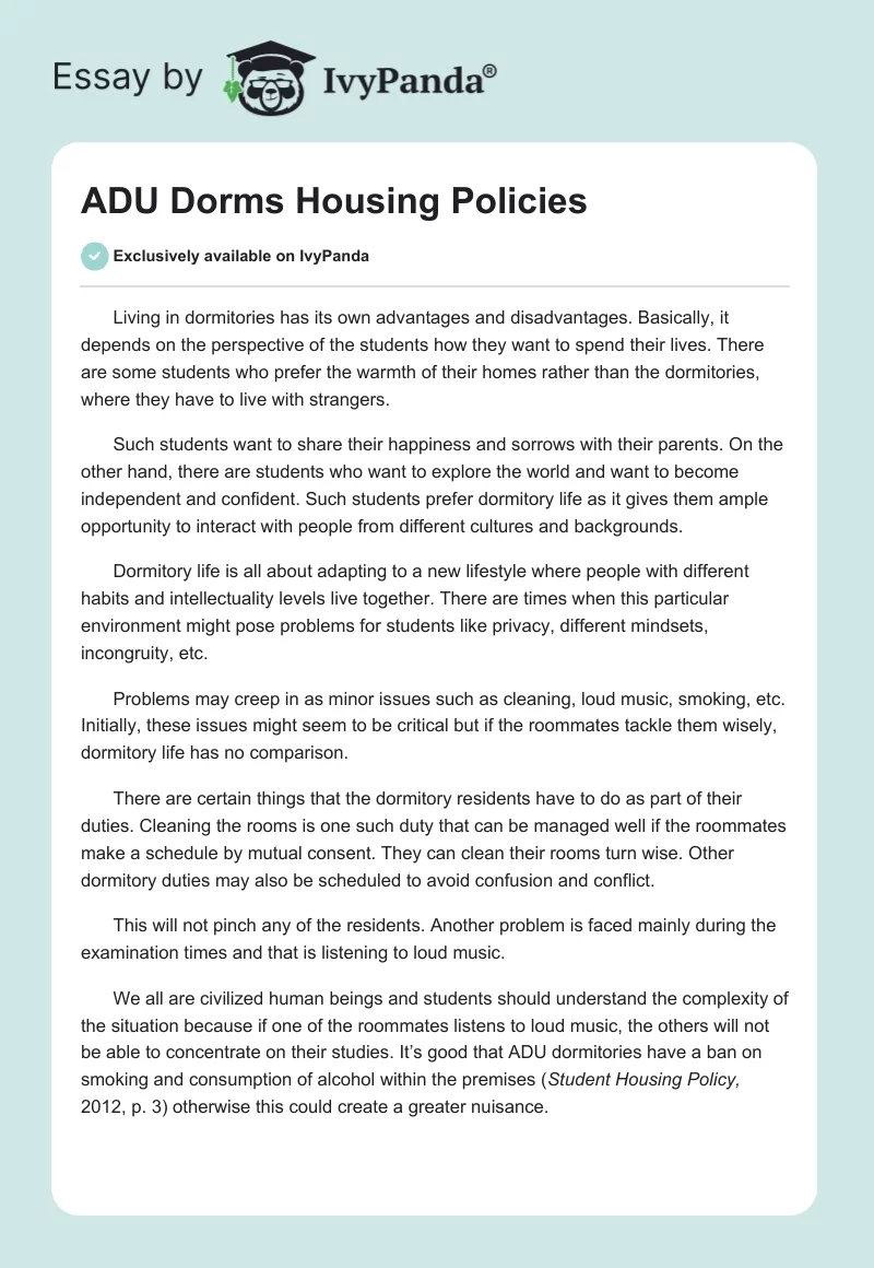 ADU Dorms Housing Policies. Page 1