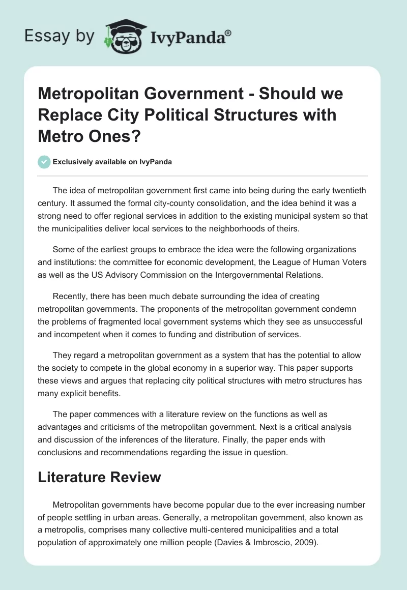 Metropolitan Government - Should we Replace City Political Structures with Metro Ones?. Page 1