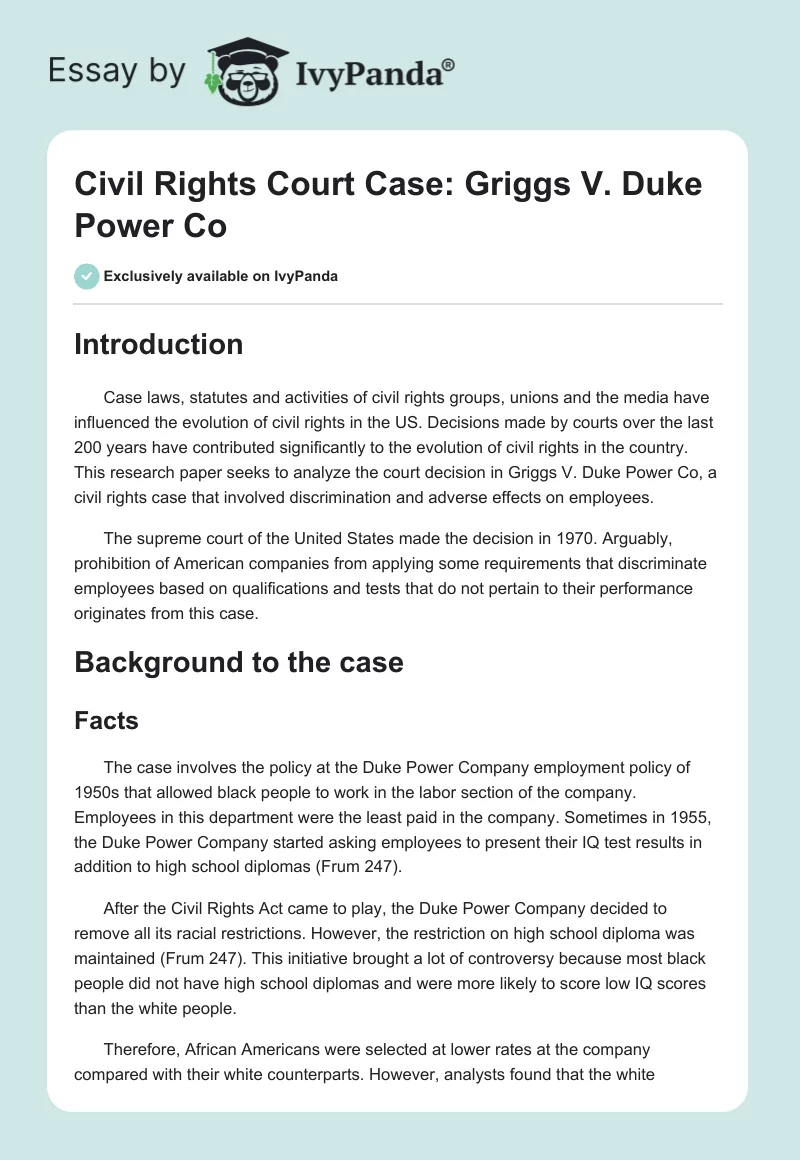 Civil Rights Court Case: Griggs vs. Duke Power Co. Page 1
