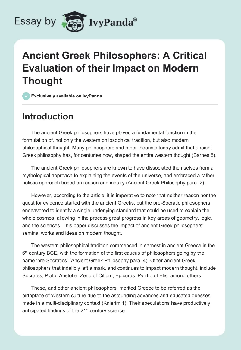 Ancient Greek Philosophers: A Critical Evaluation of Their Impact on Modern Thought. Page 1