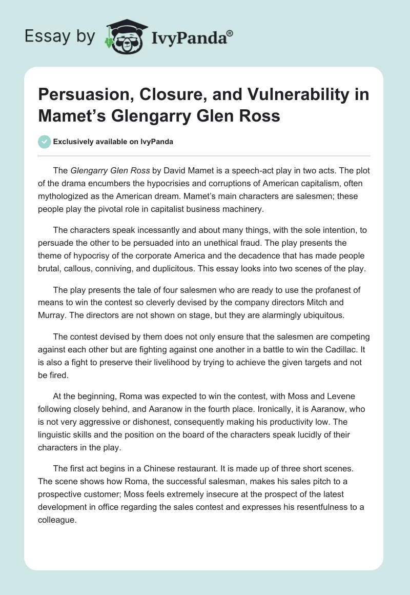 Persuasion, Closure, and Vulnerability in Mamet’s Glengarry Glen Ross. Page 1