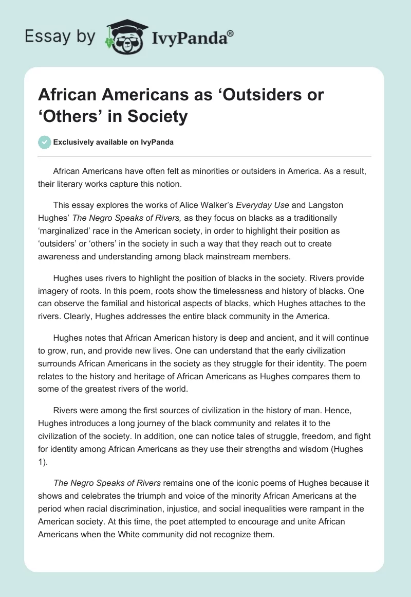 African Americans as ‘Outsiders or ‘Others’ in Society. Page 1