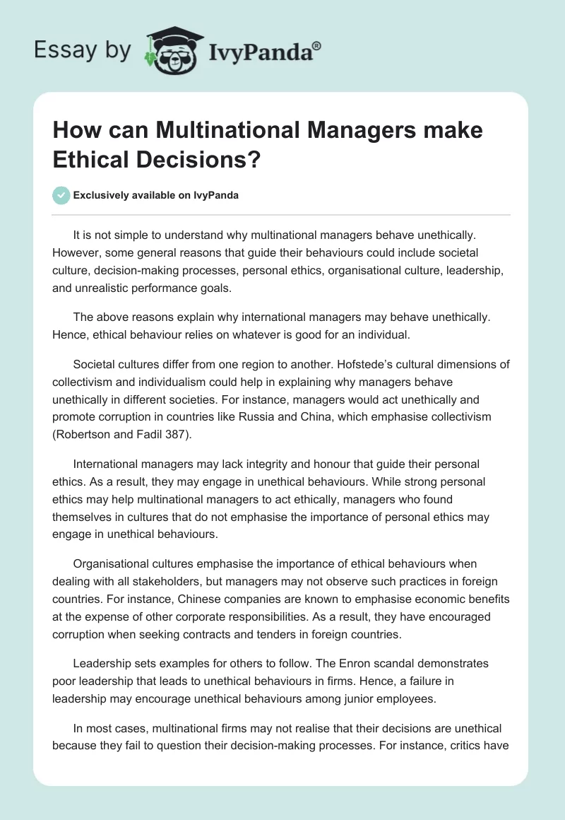 How can Multinational Managers make Ethical Decisions?. Page 1